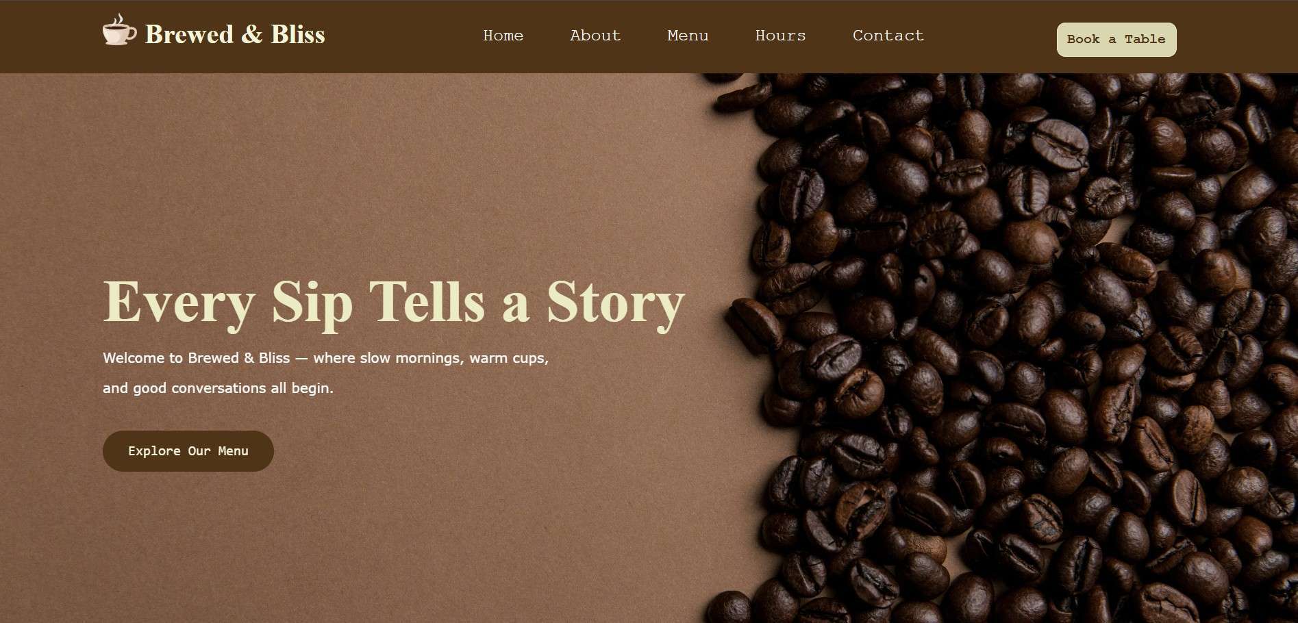 Fresh roasted coffee beans on a brown background at Brewed & Bliss.