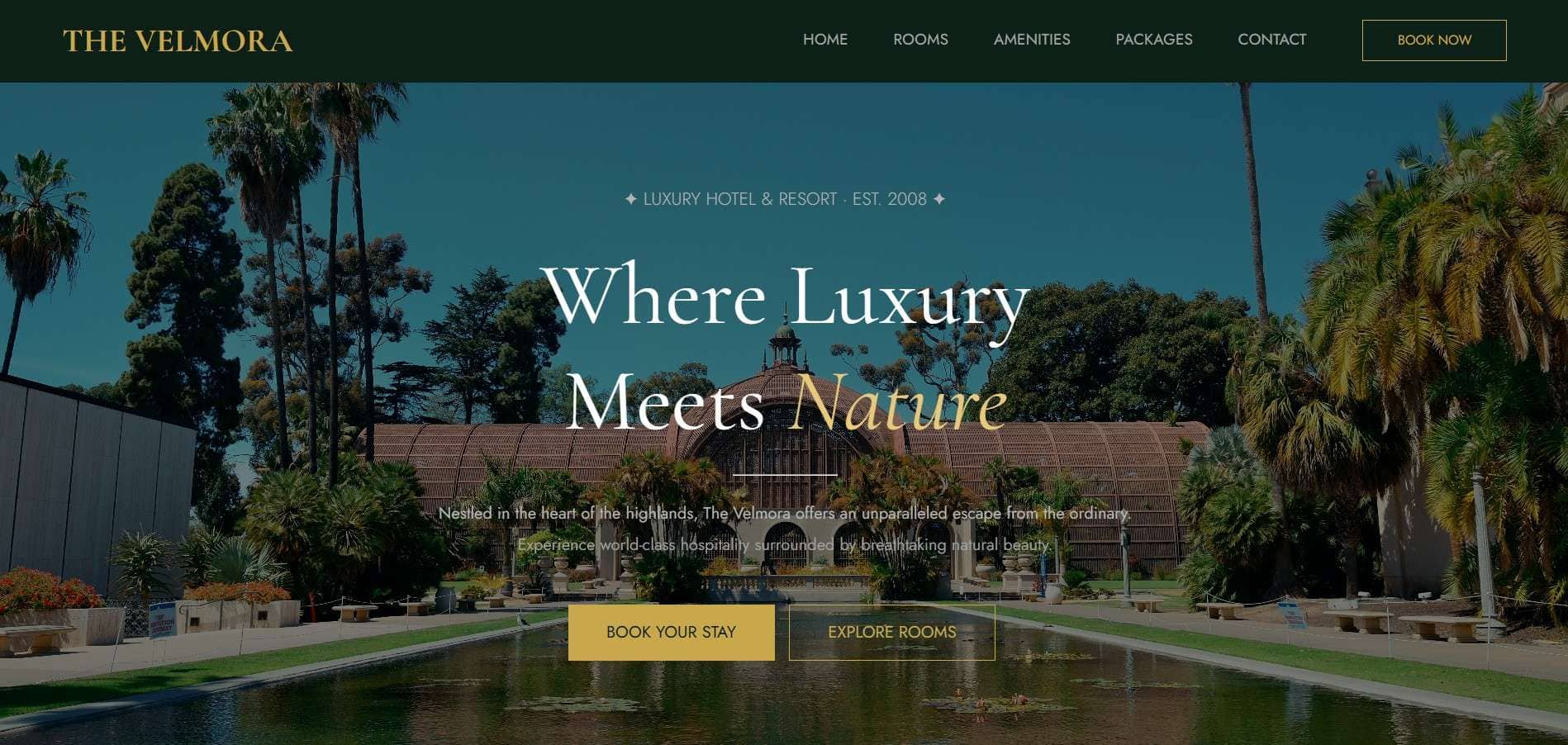 Luxury hotel exterior with lush greenery and palm trees at The Velmora resort.